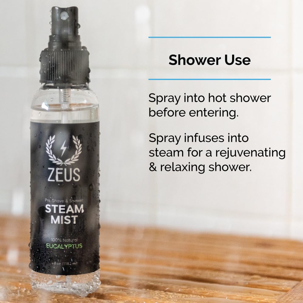 Zeus Natural 100% Eucalyptus Essential Oil Shower Steam Mist, Aromatherapy Spray For Room, Bath, Congestion & Pre-Shave, Sauna &