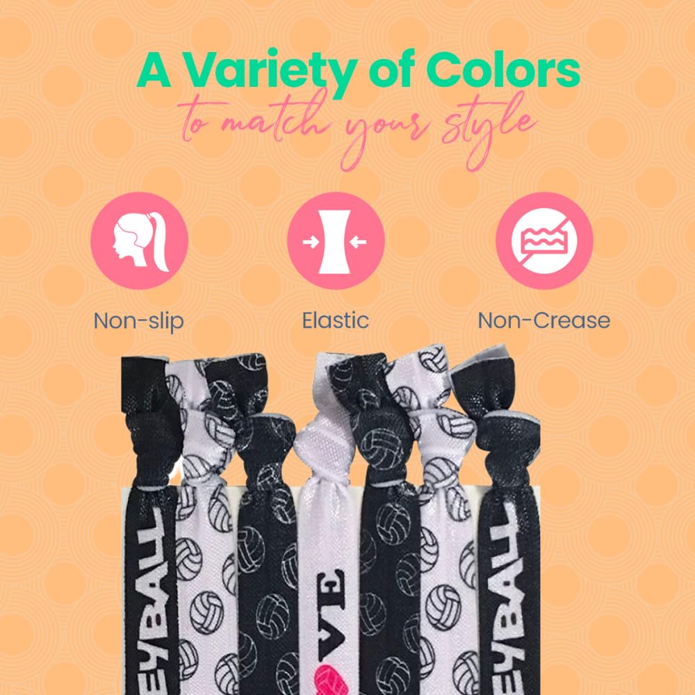 SportyBella Girls Volleyball Hair Accessories - No Crease Elastics with Volleyball Design, Set of 7 for Games