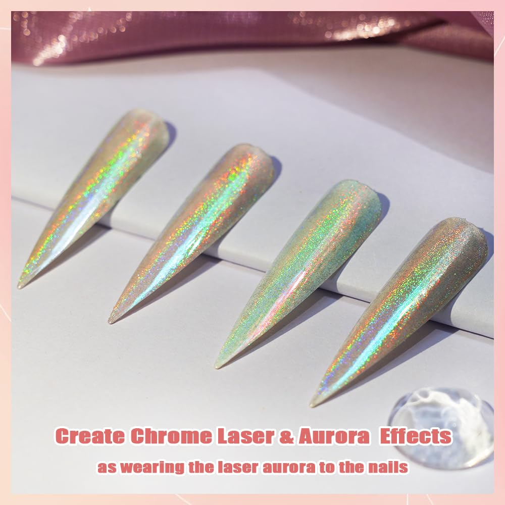 Allstarry Chrome Nail Powder Holographic Aurora Metallic Mirror Laser Effect Pigment, Iridescent Icy Aurora Glitter Dust Kit For