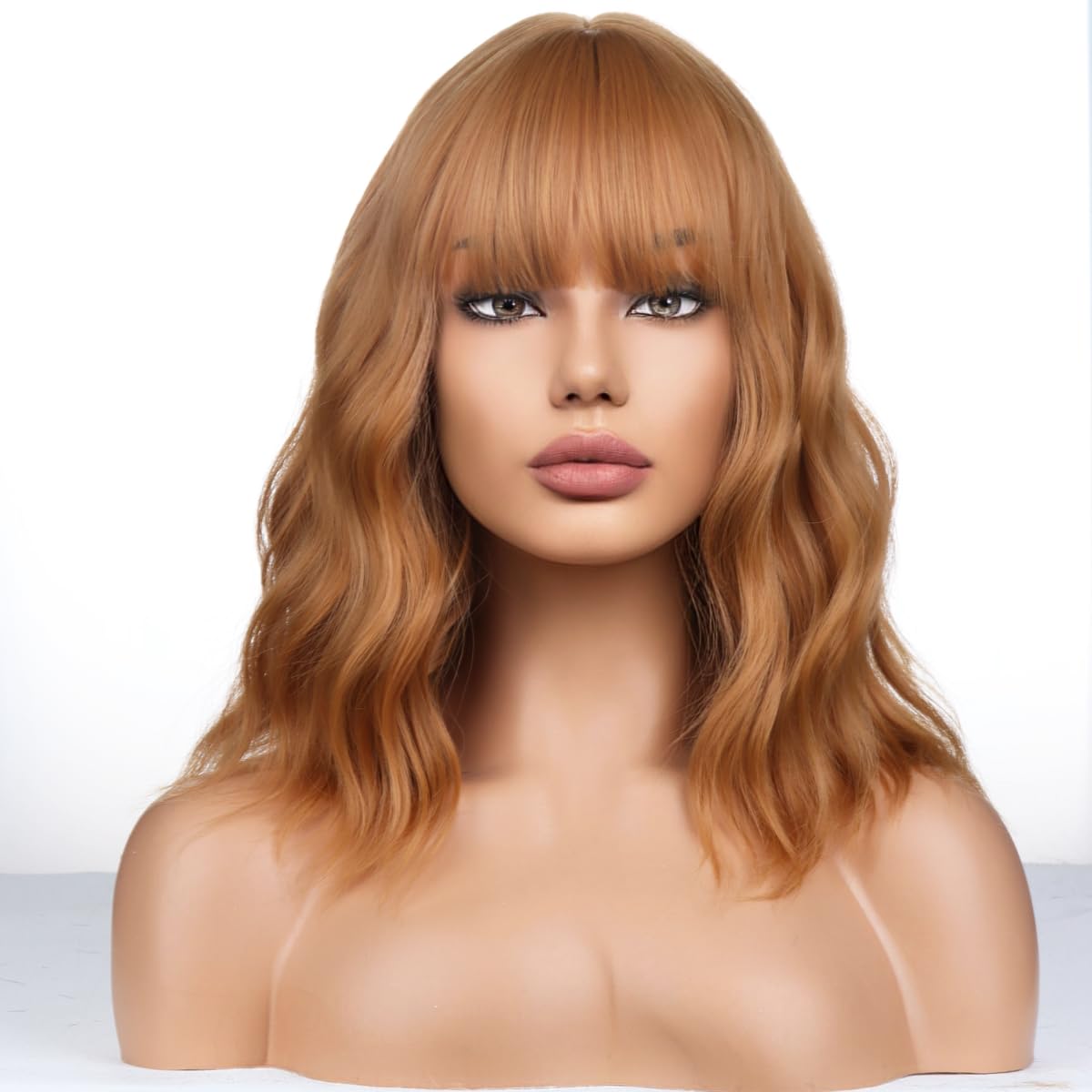 WTHCOS Strawberry Blonde Wig Short Bob Wig Short Curly Wavy Wig With Bangs for Women Girls Blonde Wig Heat Resistant Synthetic H