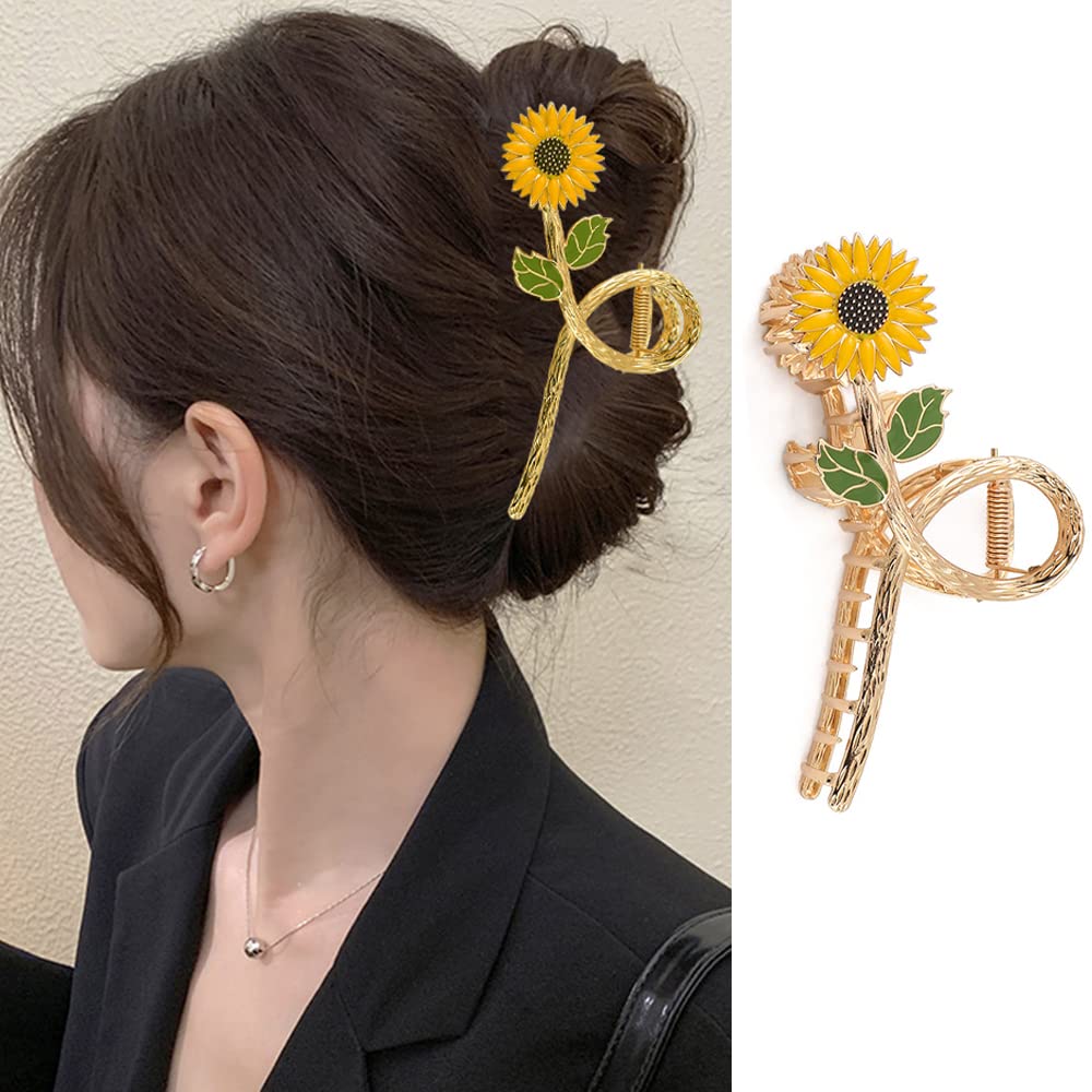 Sunflower Claw Hair Clips, Large Gold Metal Hair Accessories for Thick Hair, Strong Hold Jaw Clamps for Women and Girls - 1Pc