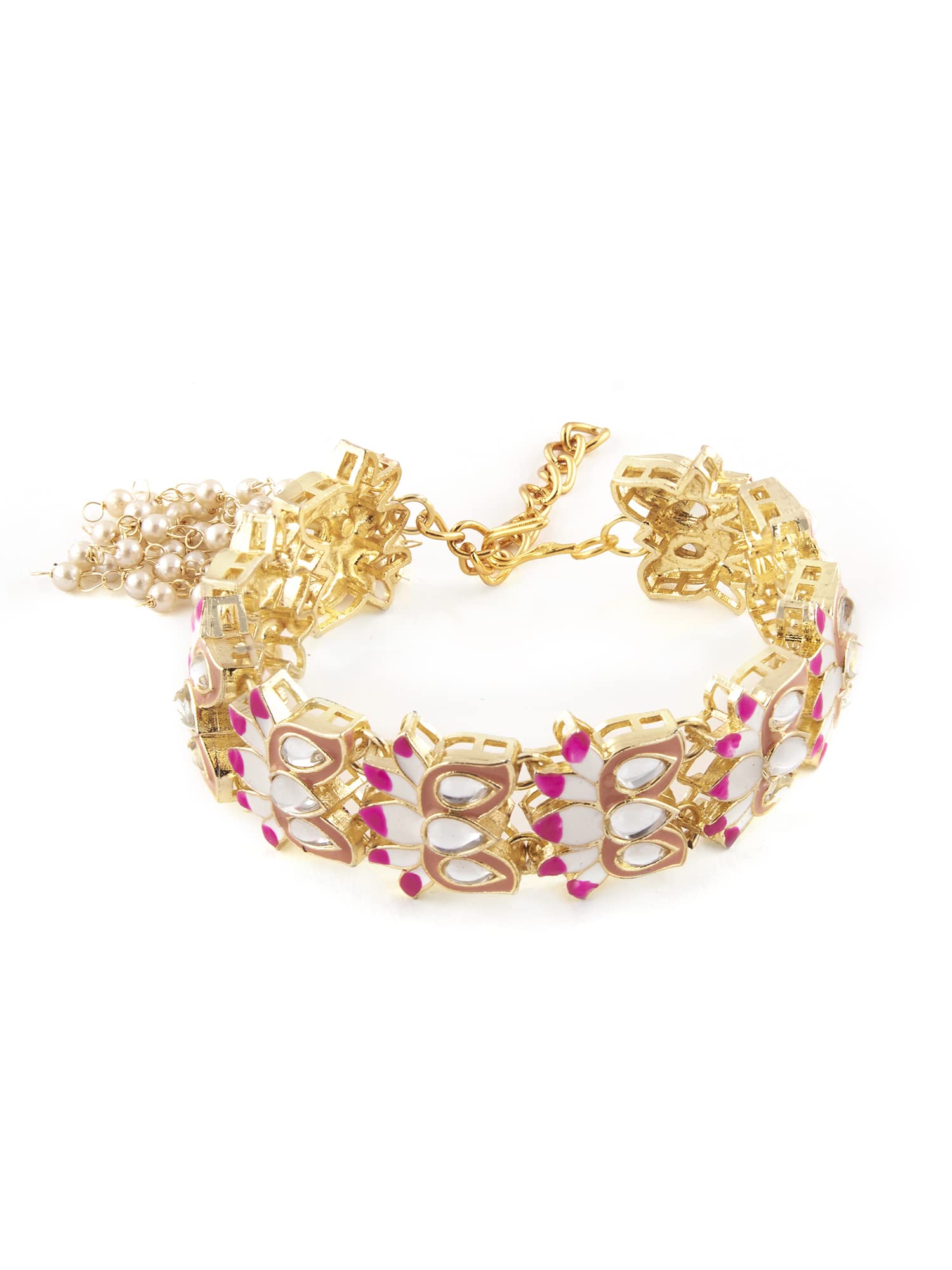 Zaveri Pearls Pink & Peach Meenakari Lotus Design Kundan Bracelet For WomenZpfk13656