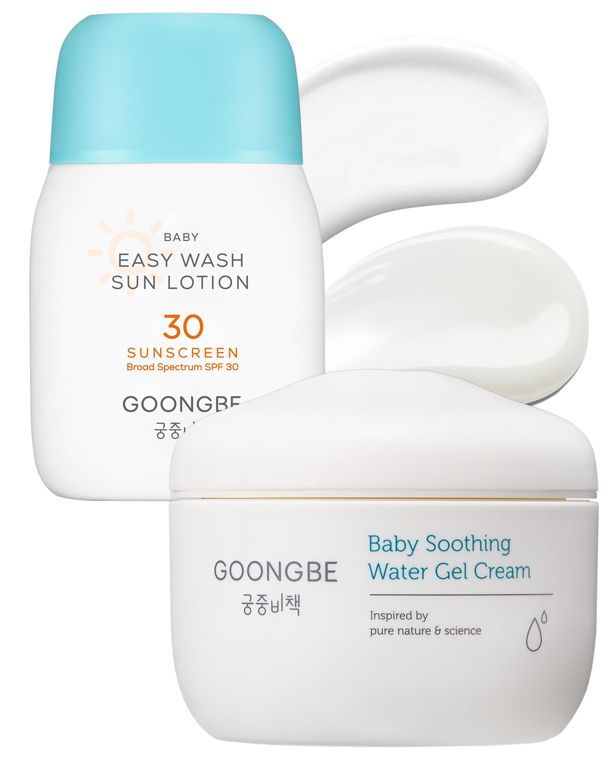 GOONGBE Baby Easy Wash Sun Lotion SPF 30 & Soothing Water Gel Cream - Korean Zinc Oxide Mineral Sunscreen & Cooling Moisturizer 
