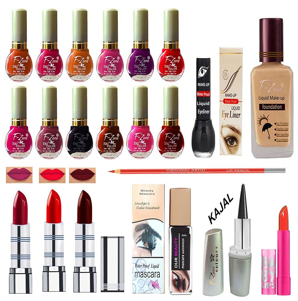 F Zone Makeup Kit With 12 Nail Polish Eye Liner Foundation 3 Lipstick Mascara Lip Balm And Kajal Vc08