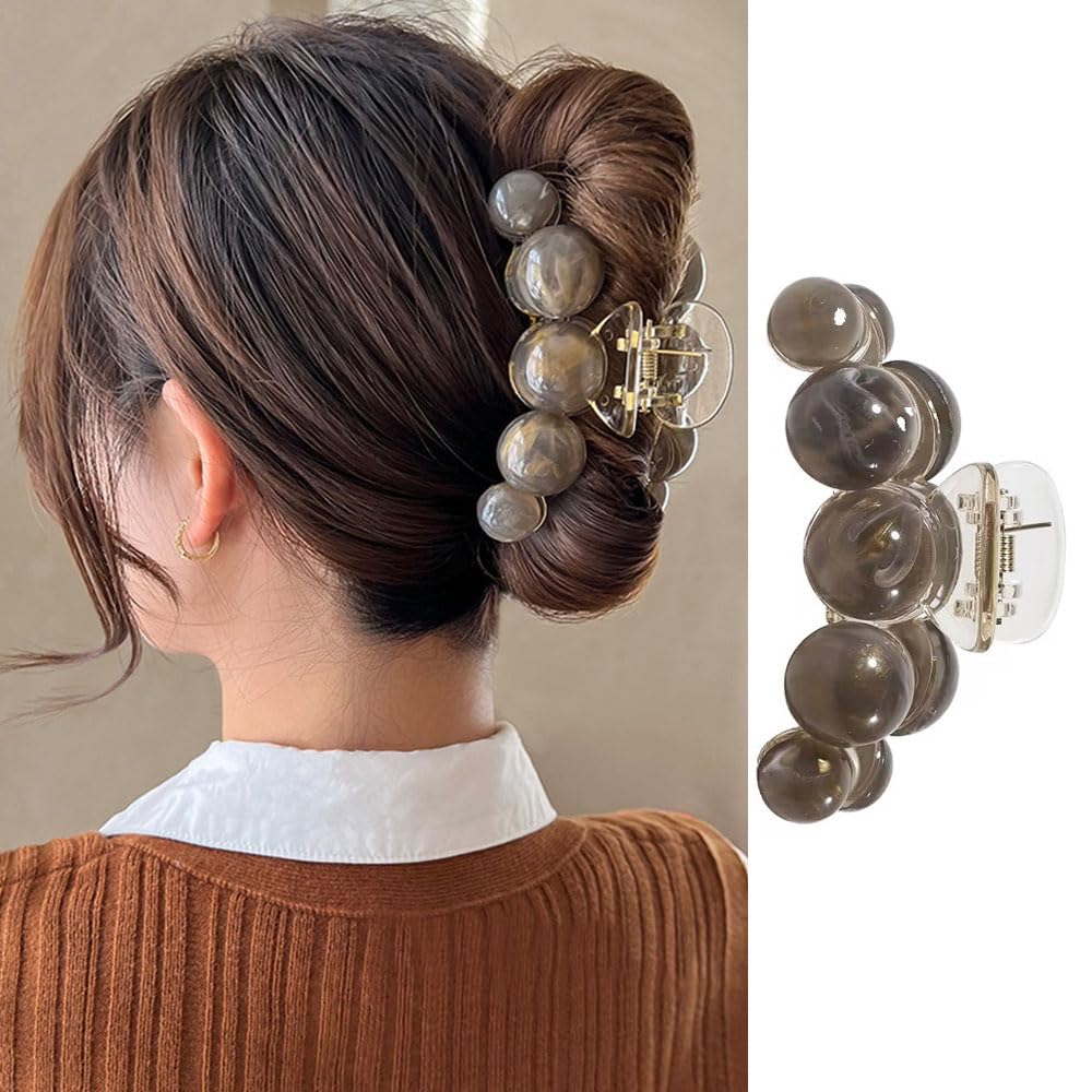 Large Grey Pearl Hair Claw Clips - Elegant Non-Slip Clamps with Strong Hold for Thick or Thin Hair, Stylish Hair Accessories