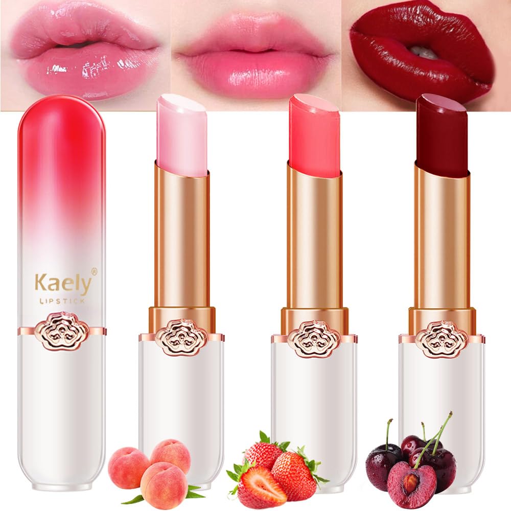 Kaely 3Pcs Peach Strawberry Red Cherry Tinted Lip Balm,Ph Lipstick Color Changing Makeup Sets,Lips Plumper Tint Gloss,Korean Lip