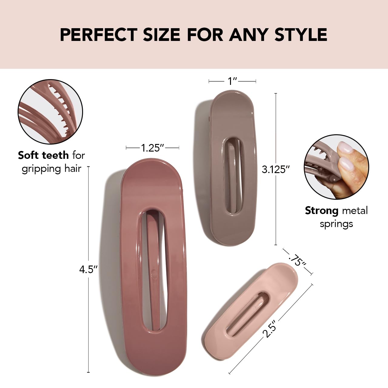 Kitsch 3Pc (Terracotta) Flat Hair Clips For Women - Recycled Lay Flat Claw Clips For Thick Hair | Flat Hair Claw Clips | Flat Cl