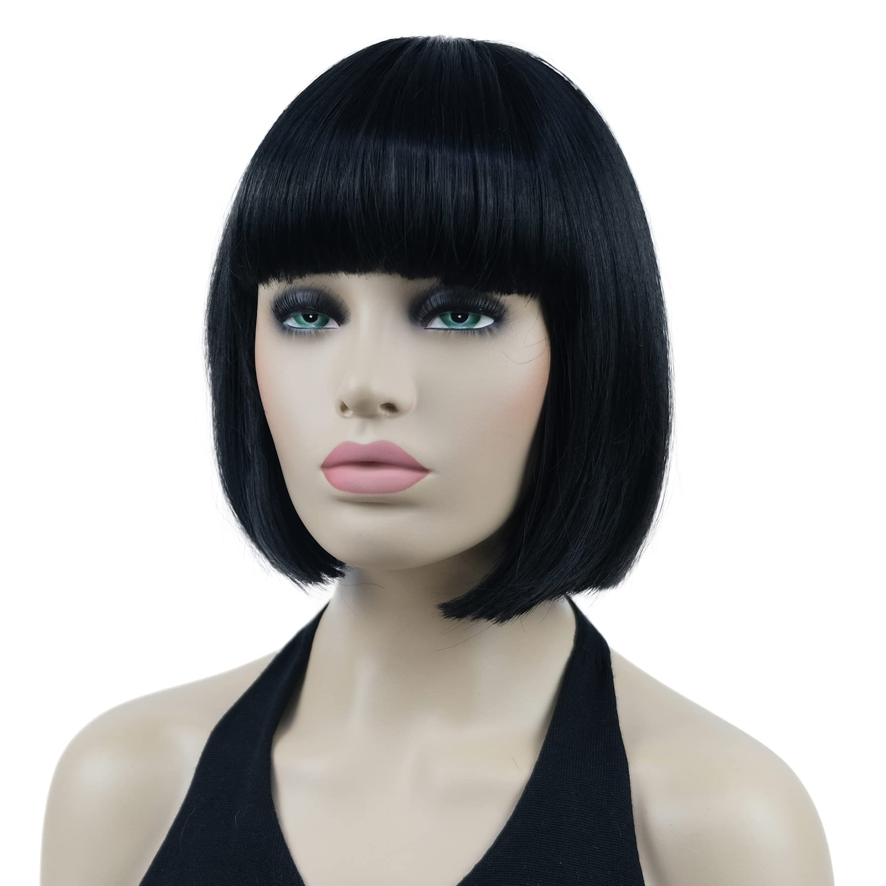 Lydell 8'' Straight Short Bob Hair Flat Bangs Cute Central Dot Skin Top Heat Resistant Synthetic Wigs (Black)