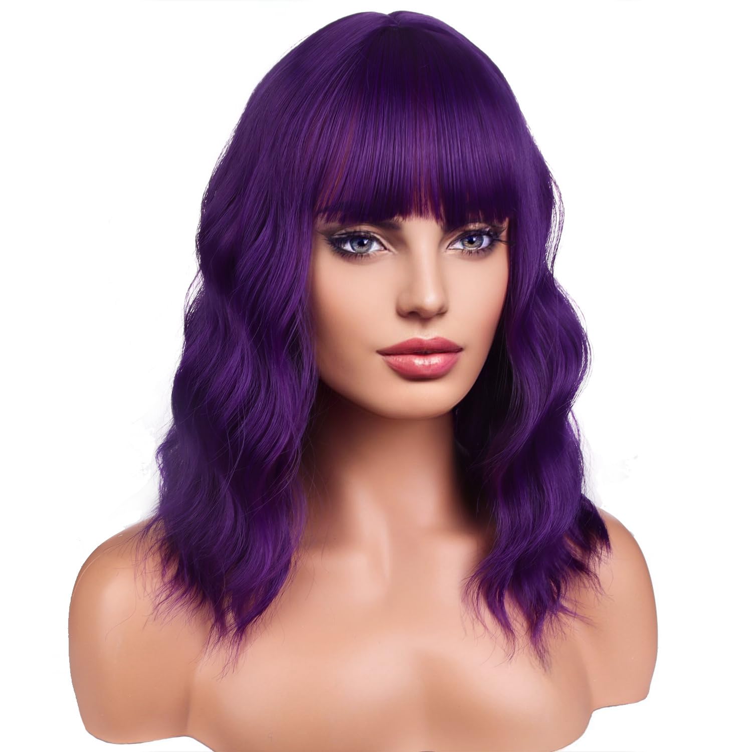 Beron 14 Inches Purple Wig For Women Girls Short Curly Wig Dark Purple Wig Synthetic Wig Purple Wig With Bangs Wig Cap Include