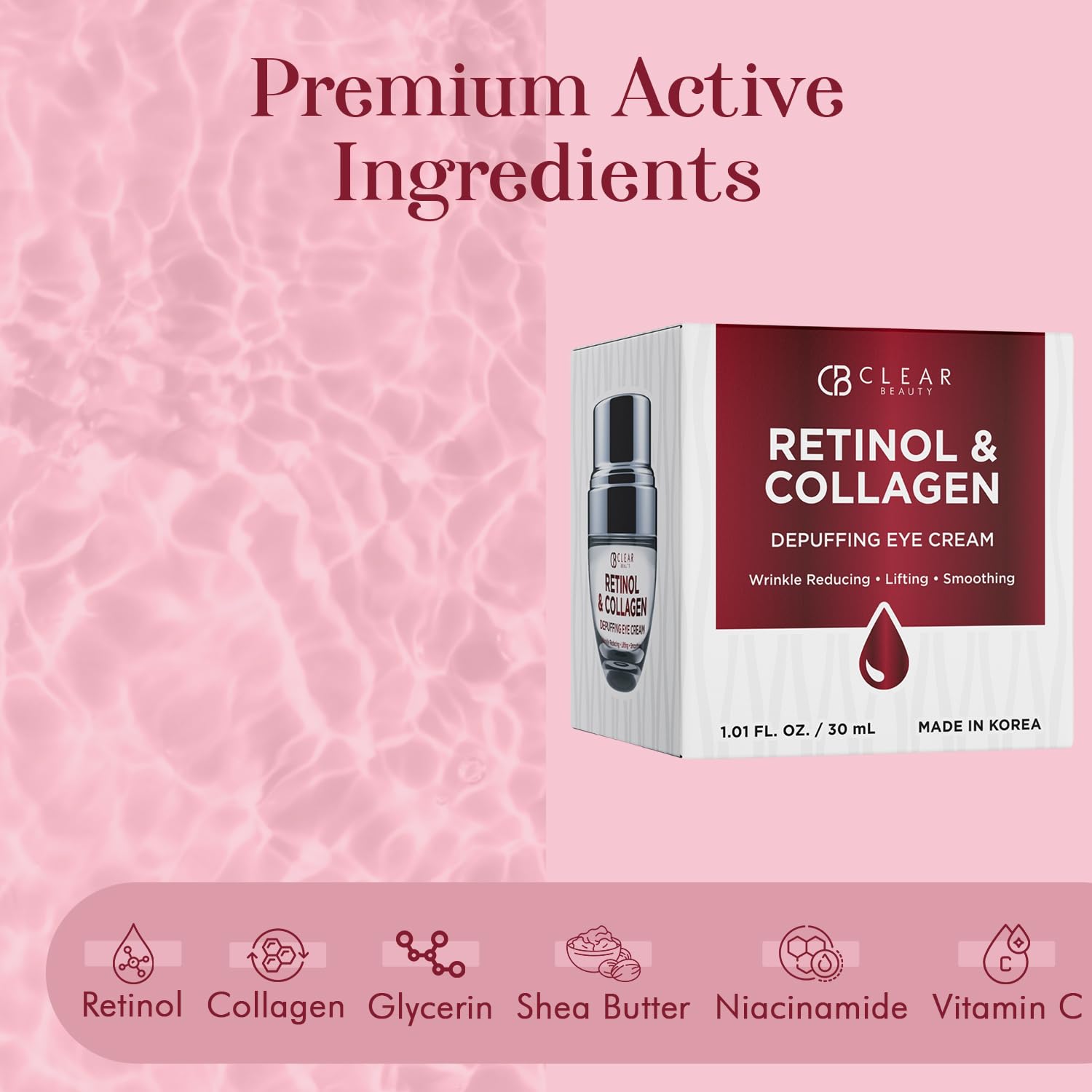 Clear Beauty Korean Retinol Eye Cream With Collagen - For Dark Circles, Puffiness, Bags & Wrinkles - Moisturizing Anti-Aging Und