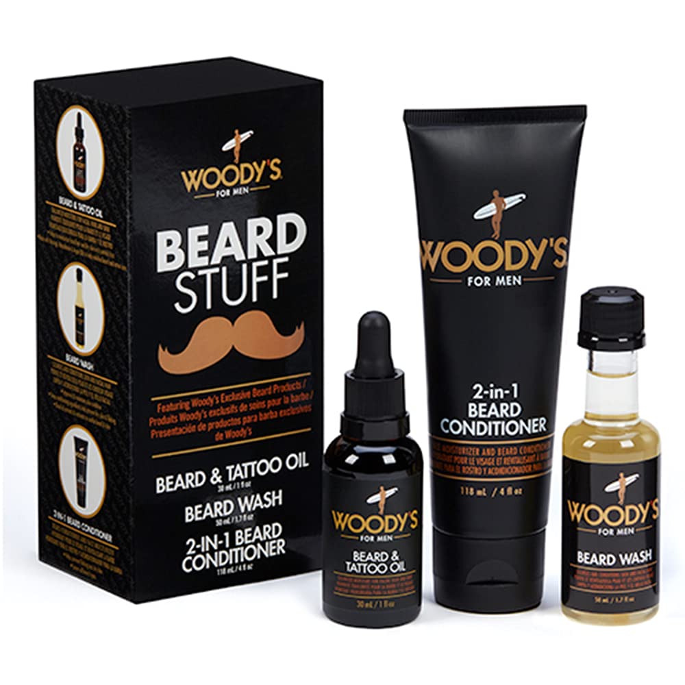 Woody'S Beard Stuff 3 Piece Kit - Beard And Tattoo Oil, Beard Wash, 2-In-1 Beard Conditioner