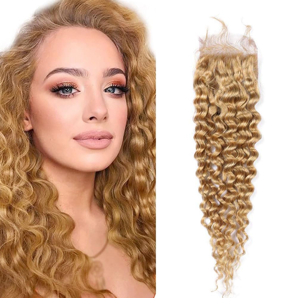 Honey Blonde Closure Transparent Lace 4X4 Lace Front Closure Curly Wave #27 Lace Closure Pre Plucked With Baby Hair Raw Remy Hum