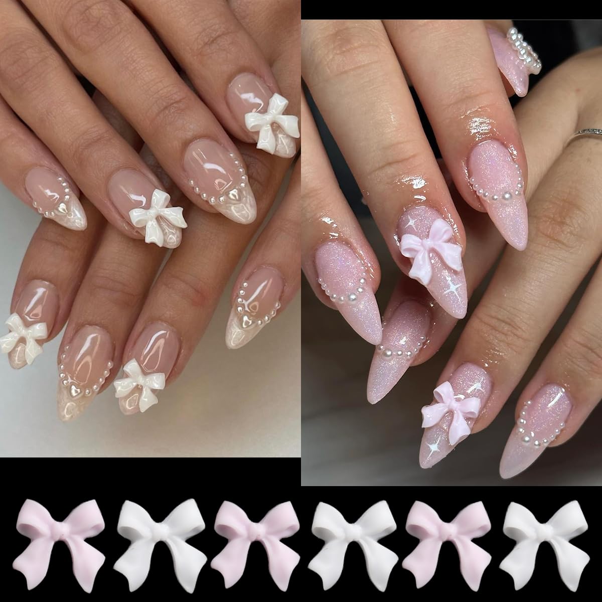 Fcozpjk Bows Nail Charms, 100Pcs Bow Charms For Nails, White Pink Heart Stars Round Multi Shape Pearl Nail Charms, Flatback Kawa