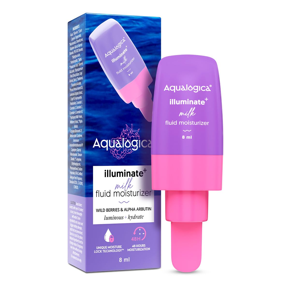 Aqualogica Illuminate + Milk Fluid Moisturizer - 8Ml |Lightweight Milk-Like Texture | Evens Skin Tone | 48Hr Deep Moisturization