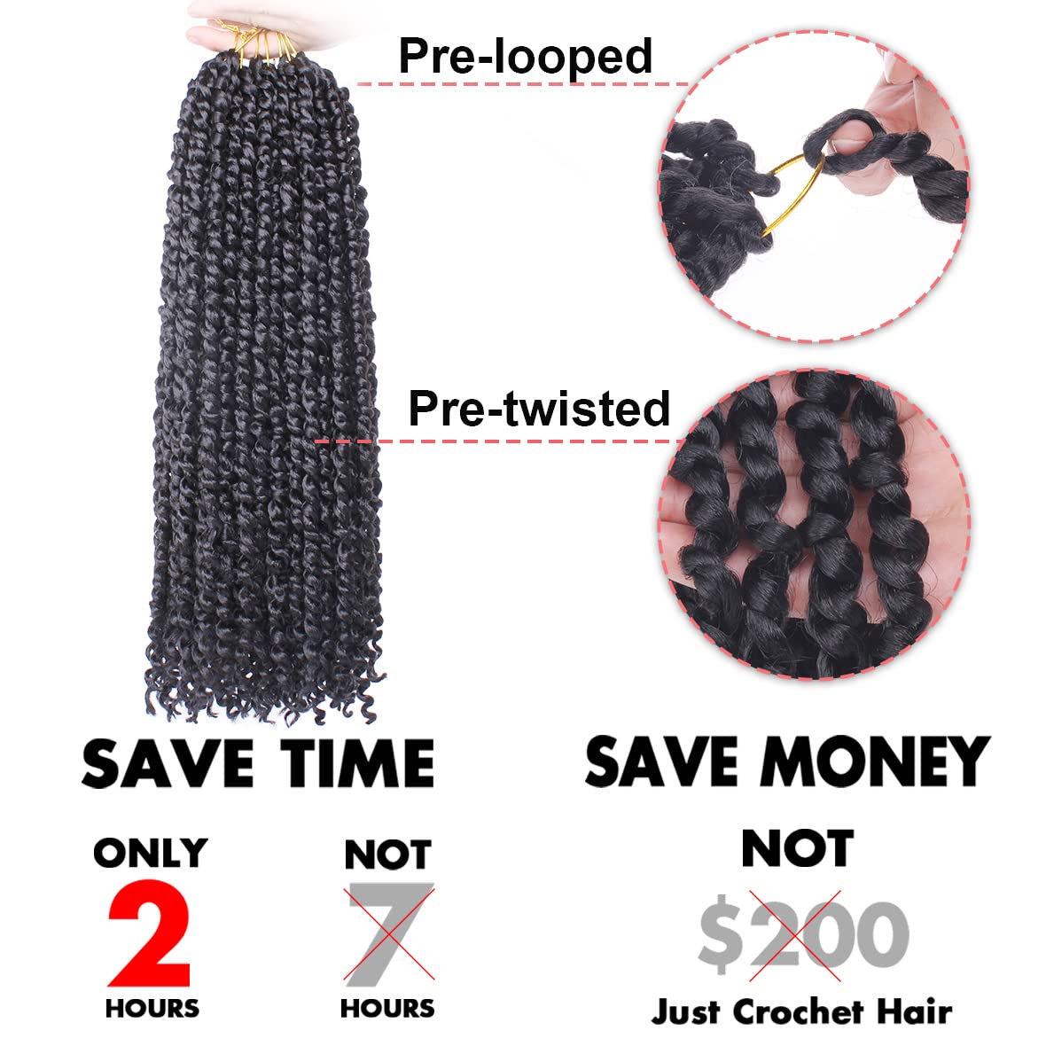 Leeven 8 Packs Pre-Looped Goddess Passion Twist Braiding Hair With Curly Ends Natural Black 18 Inch Long Bohemian Pre-Twisted Pa