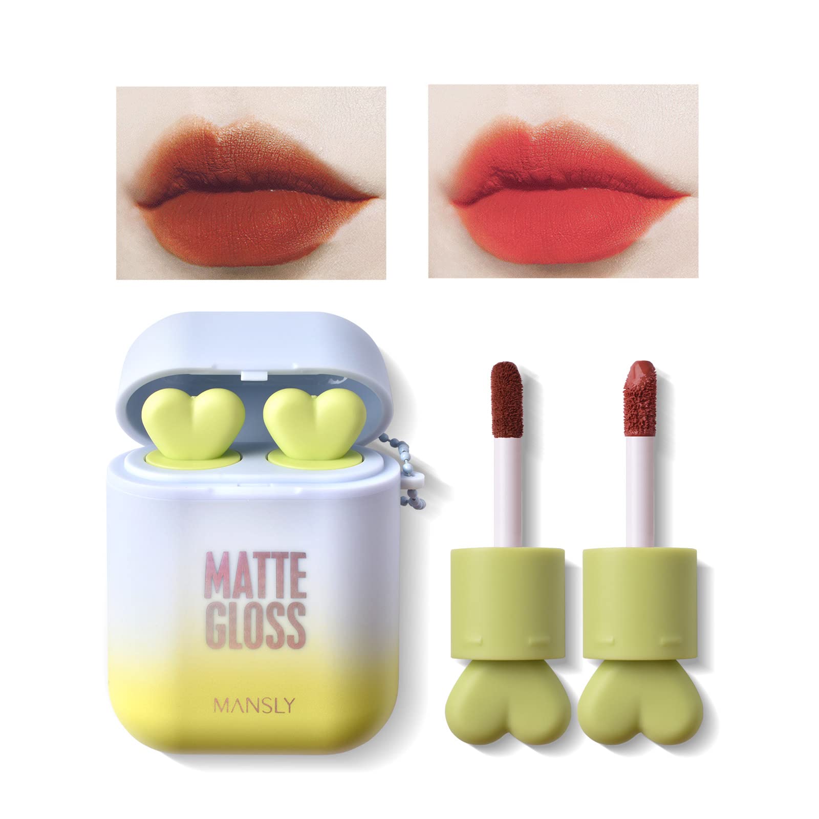 Lamuseland Matte Lipstick Set, 2Pc/Set Waterproof Long Lasting Velvet Moisturizing Lip Stain Earphone Dual-Color Lip Gloss Prime