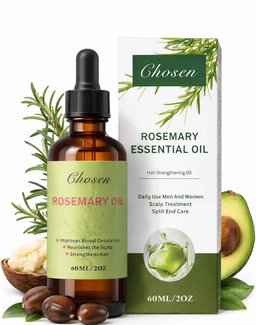 Chosen Hair Oil, Rosemary Essential oil & Mint Hair Oil, Split Ends & Dry Scalp Treatment  Made with Rice Bran &Essential Oils 