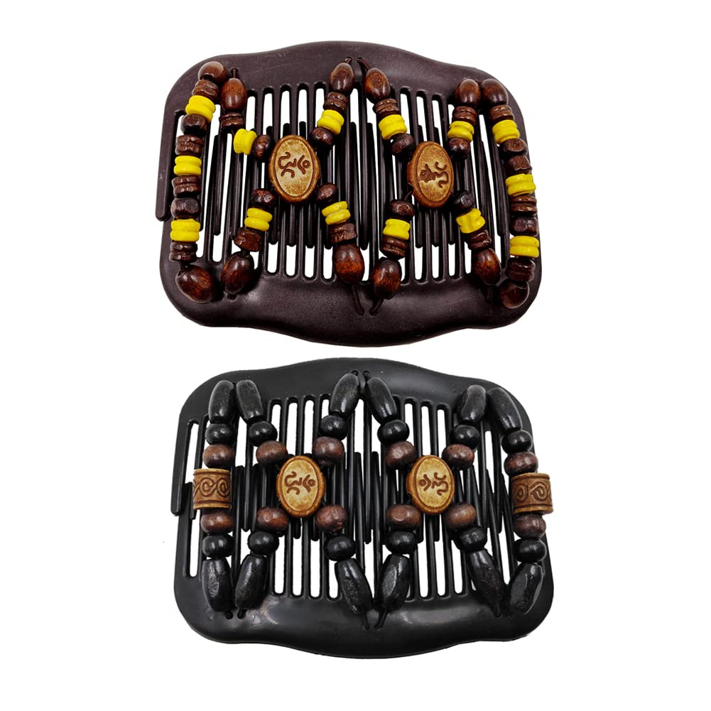 LOVEF 2Pcs Magic Wooden Elastic Hair Combs Double Slide Clip,Best Hair Accessories for Women,Comfy UpDo, Ponytail, French Twist,
