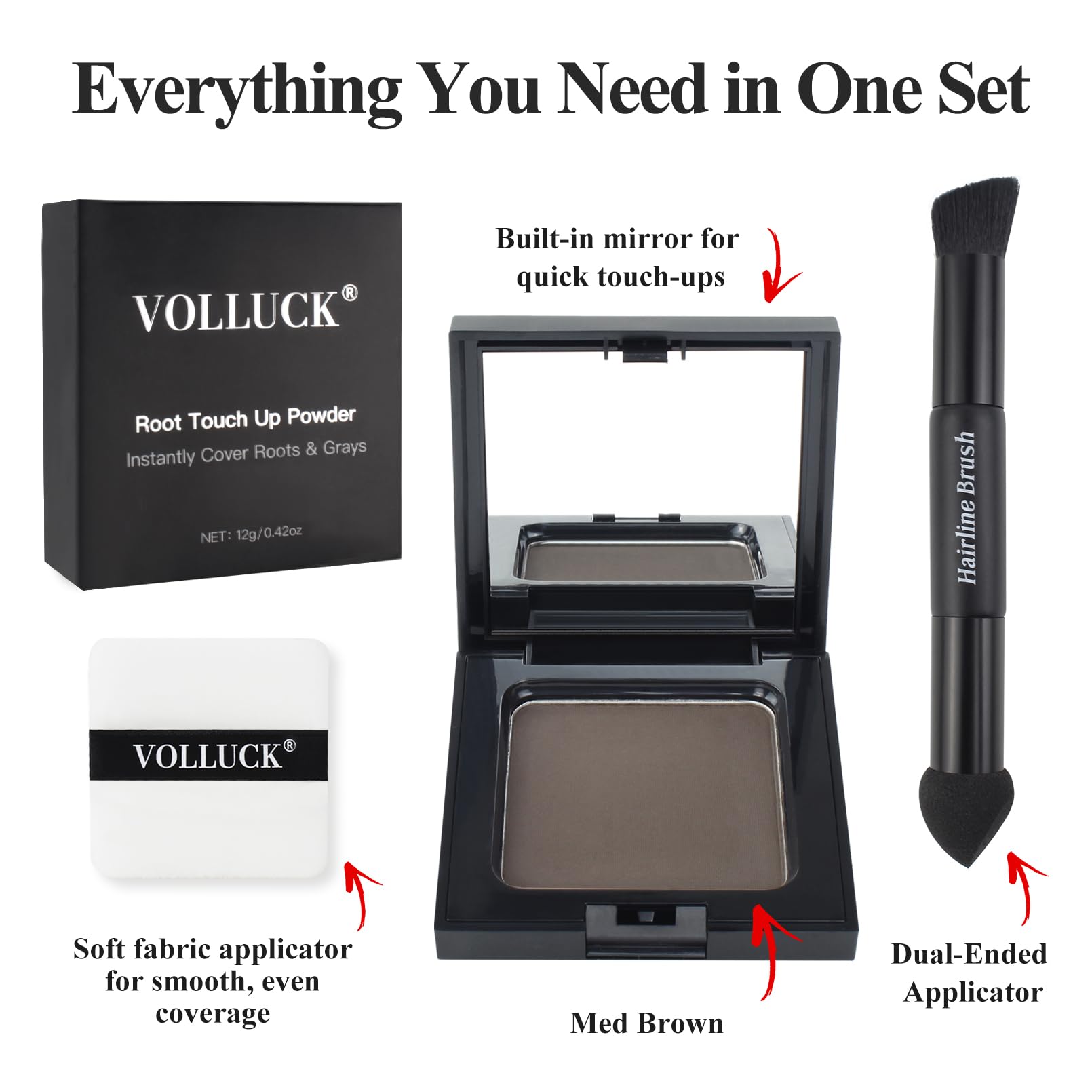 VOLLUCK Root Touch up Powder, Long-lasting Gray Hair Cover up Powder for All Hair Types, Waterproof for Women and Men (Medium-Br