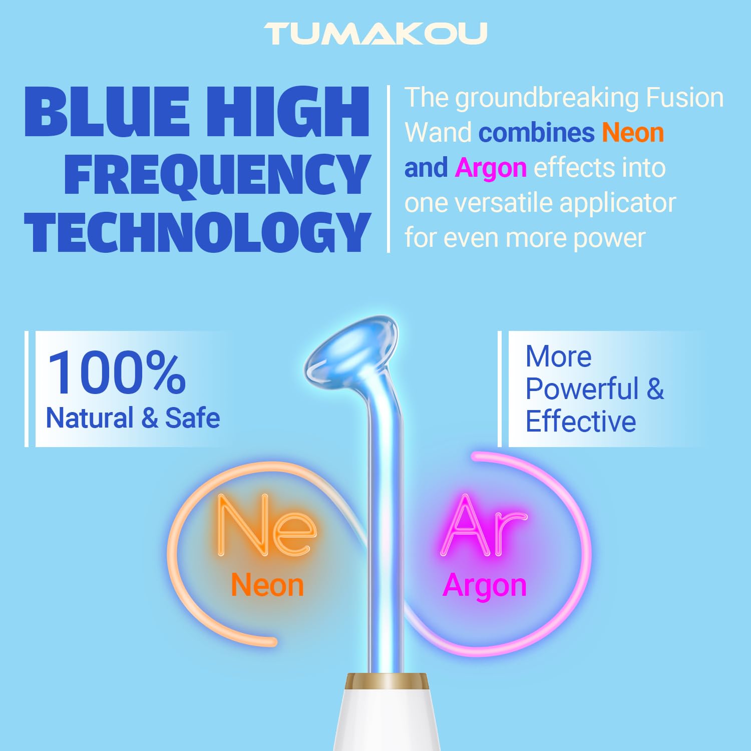 High Frequency Facial Device - Tumakou Blue High Frequency Facial Wand - Portable High Frequency Machine With 4 Fusion Neon + Ar