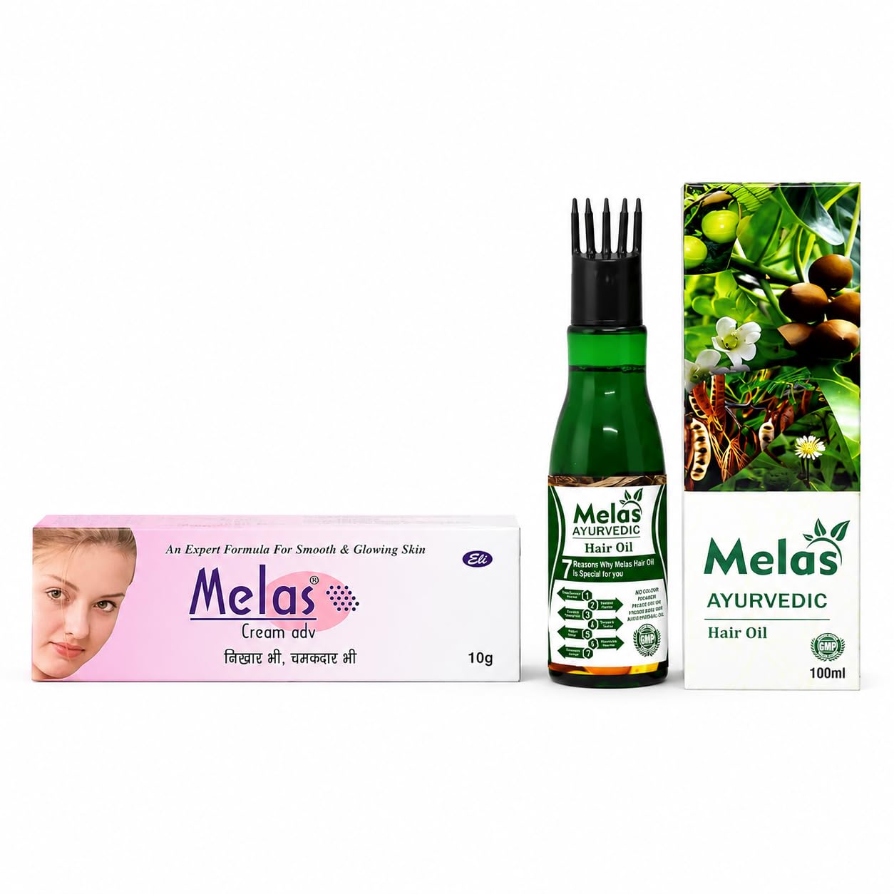 Melas Combo Of 1 Cream Adv That Helps To Brighten Skin & Reduce Dark Circles & 100Ml Ayurvedic Hair Oil With Comb Applicator Tha