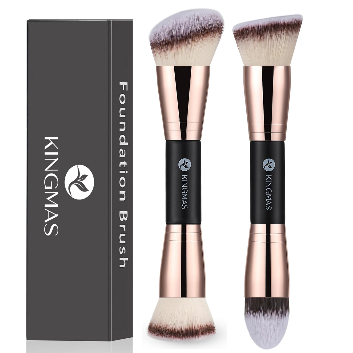 Kingmas Foundation Makeup Brushes, 2Pcs Premium Double-Ended Makeup Brush (Flat/Angled/Angled Round/Tapered Top) For Buffing Liq