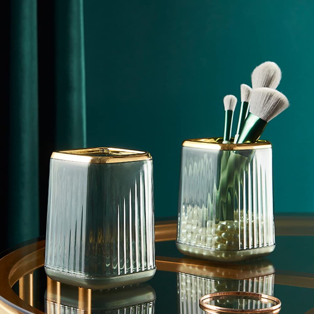 Makeup Brush Cup Holder Organizer For Vanity, Acrylic Vintage Green Make Up Brushes Holders Container Storage With Striped Desig