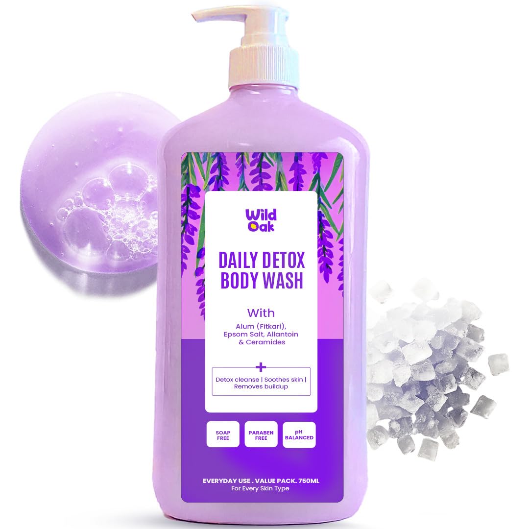 Wildoak Fitkari & Epsom Salt Body Wash | 750 Ml Value Pack | Added Hyaluronic Acid, Probiotics & Ceramides | Shower Gel For Odor
