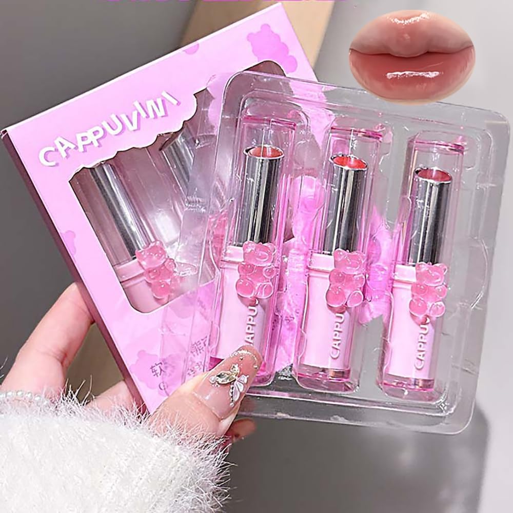 3 Pcs Cute Bear Glossy Lipstick Set, Moisturizing Smooth Sweet Tinted Lip Balm, Hydrating NonStick Cup Jelly Lipstick Gift Set,