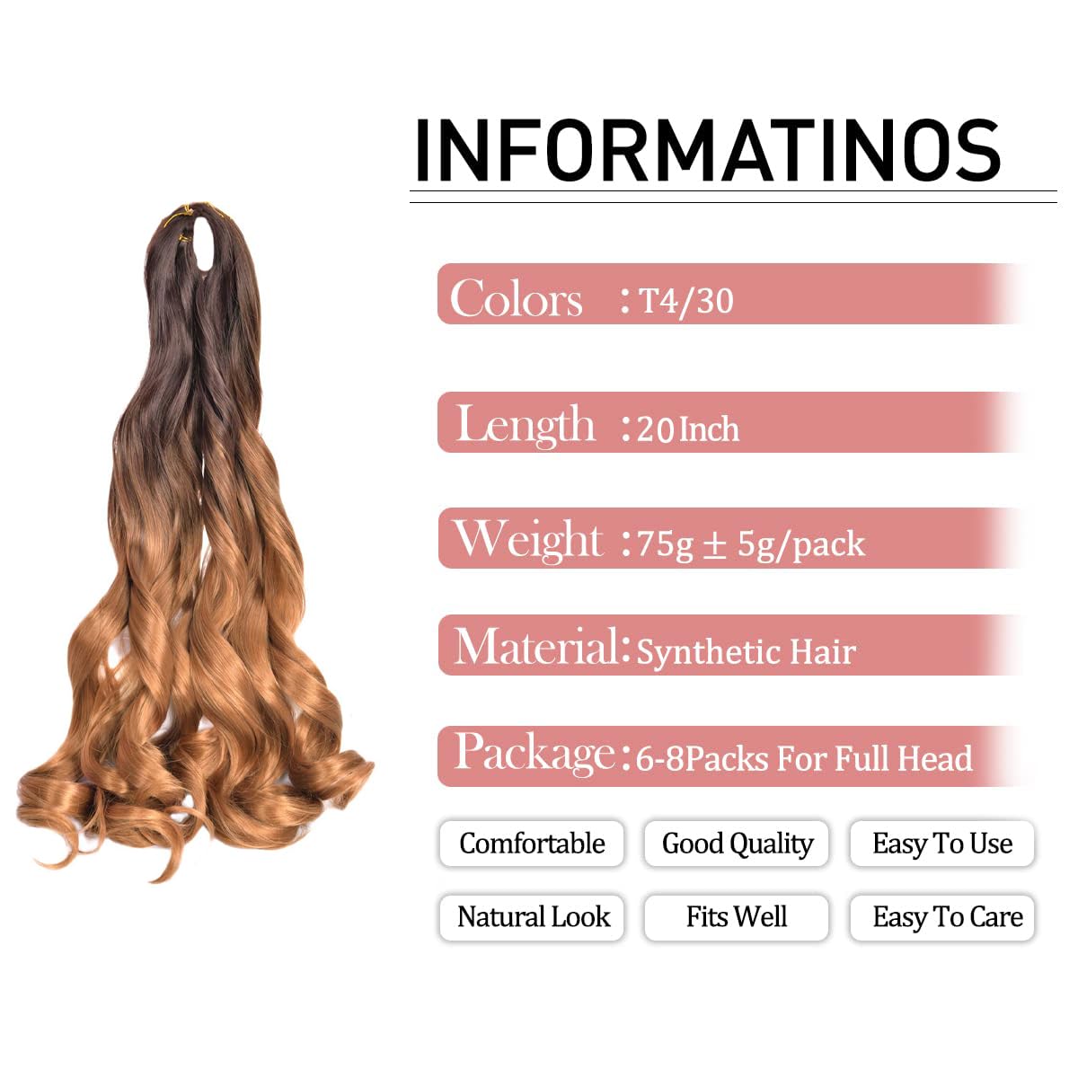 French Curly Braiding Hair 20 Inch T4/30 Loose Wavy 5 Pack Bouncy Braiding Hair Extensions 75G/Pack French Curly Synthetic Hair