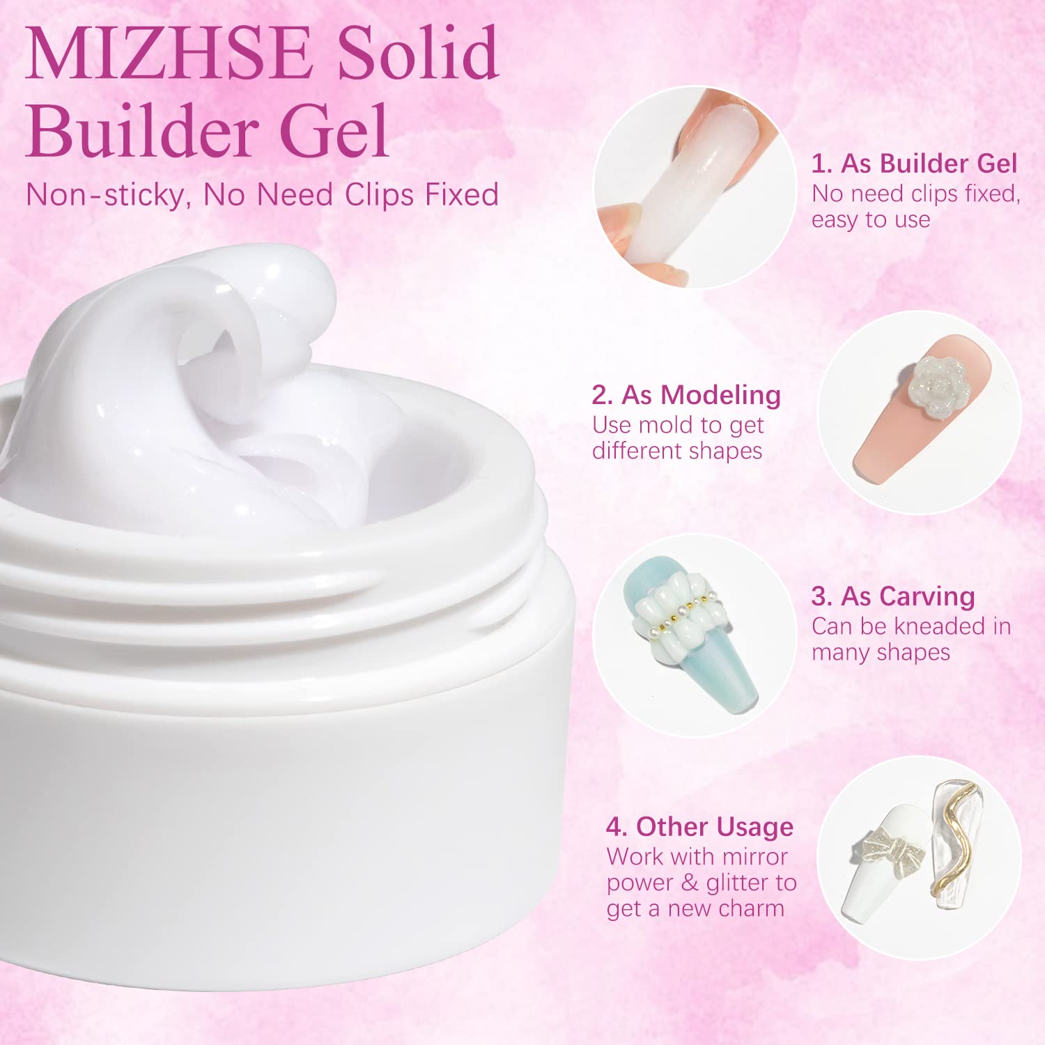 Mizhse Solid Builder Gel For Nails, 3 Colors Sculpting Nail Extension Gel For Nails, Clear White Pink Non-Sticky Hand Building G