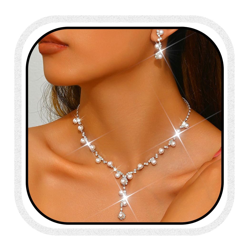 Unicra Silver Pearl Bridal Wedding Jewelry Set Rhinestone Necklace Earrings Bracelet Sets Formal Costume Jewelry for Women and B
