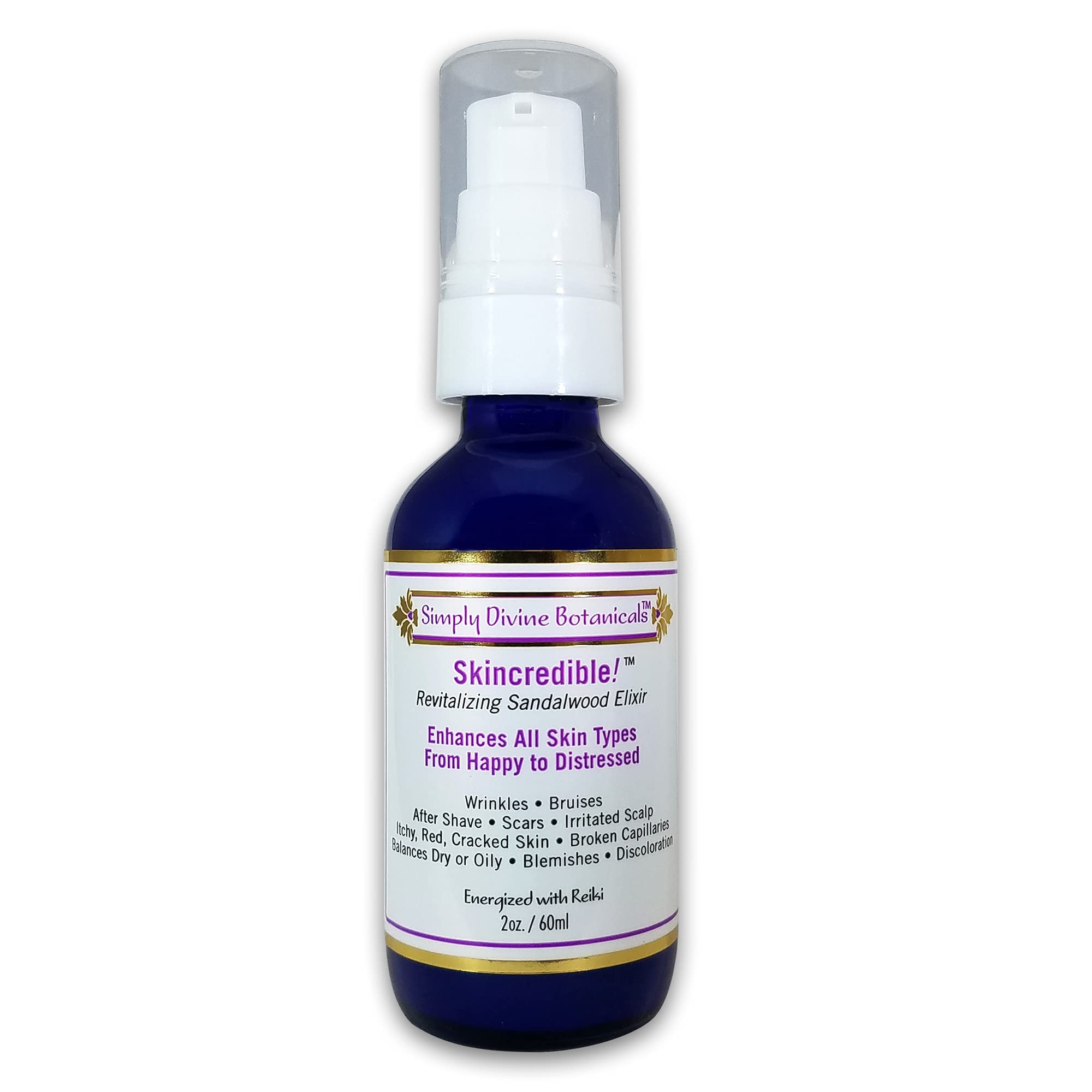 Simply Divine Botanicals Skincredible Sandalwood Revitalizing Anti-Aging Elixir for Fine Lines and Wrinkles, Discoloration, Rosa