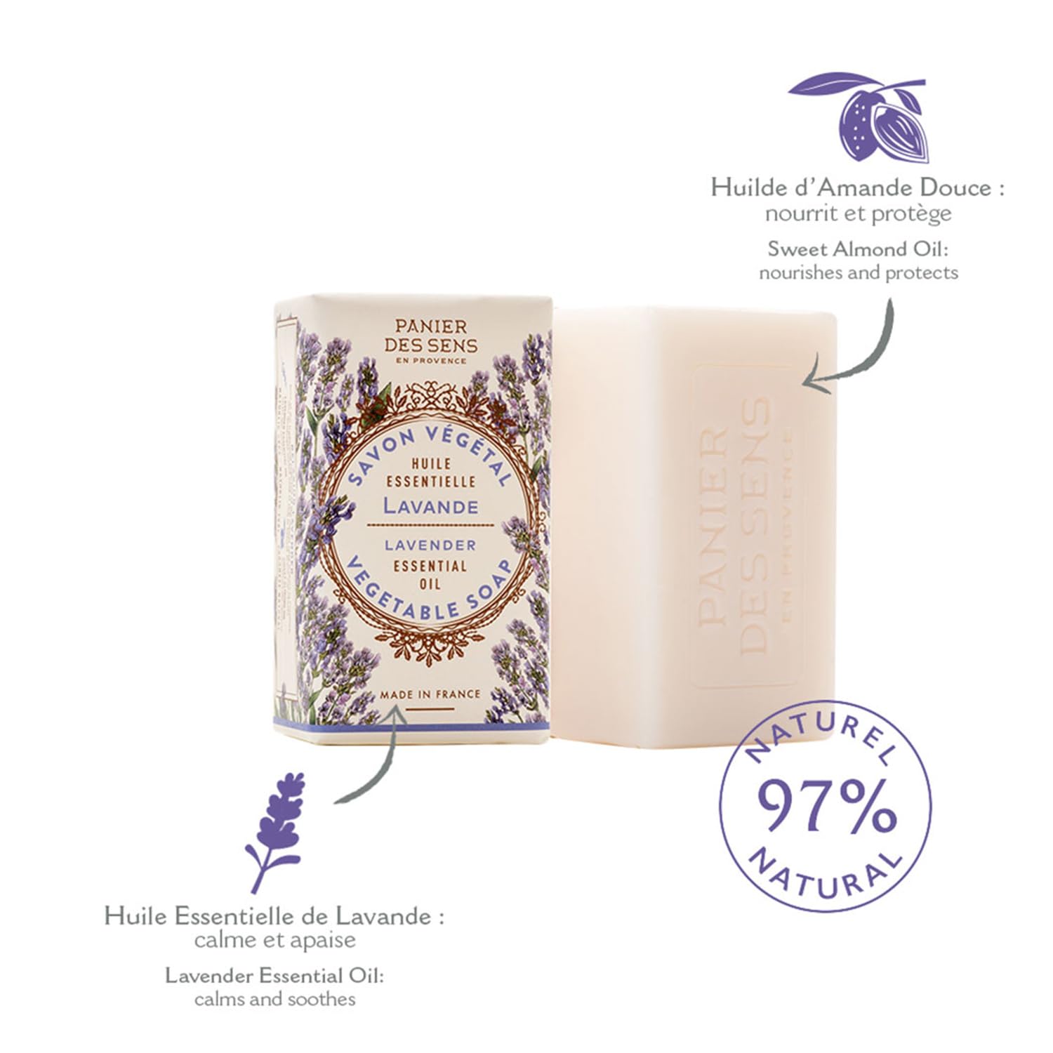 Panier Des Sens - Lavender Bar Soap - Moisturizing Gentle Scented Soap Bar - Natural Soap With Sweet Almond - 97% Natural Ingred