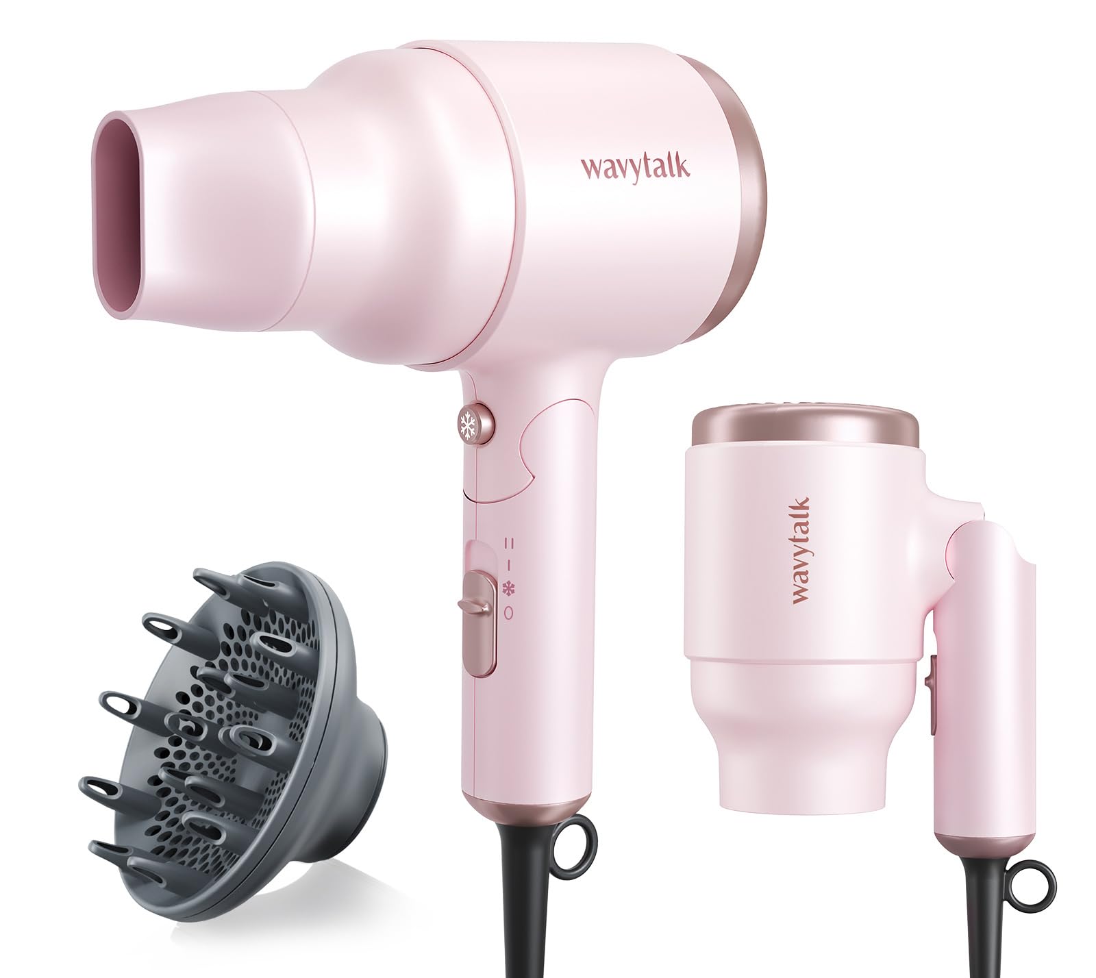 Wavytalk Hair Dryer With Diffuser, Mini Blow Dryer With Folding Handle, 1600W Quiet Lightweight Hairdryer With Diffuser Attachme