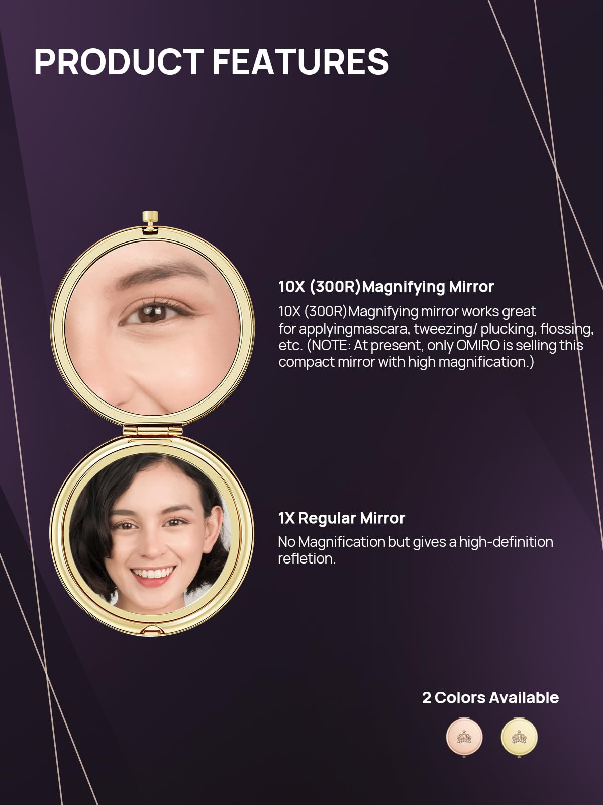 Omiro 1X/10X(300R) Magnifying Compact Mirror, Small Crown Engraved Pocket Makeup Mirror Gift For Her Women Mom (Gold)