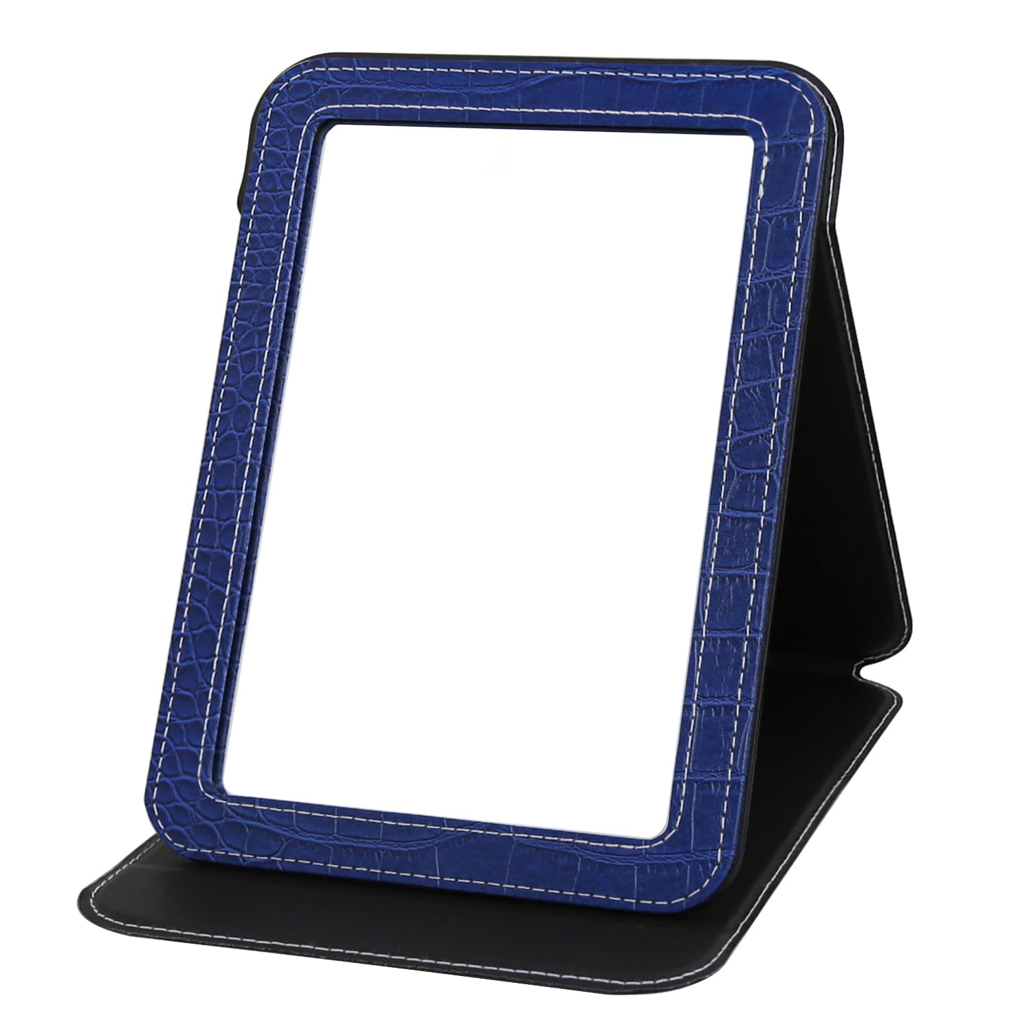 Ximruyuv Blue Foldable Desk Mirror, 5.3  6.9    Adjustable Angle Rounded Rectangle PU Edge Covering Travel Mirror with Stand (MB