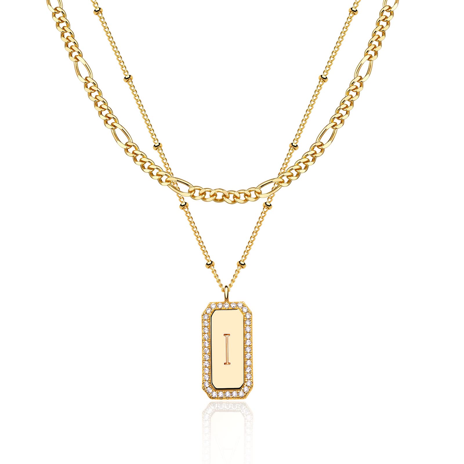 Dainty Layered Initial Necklaces for Women Trendy 14K Real Gold Plated Figaro Chain Necklace Cute Square Rectangle Letter Pendan