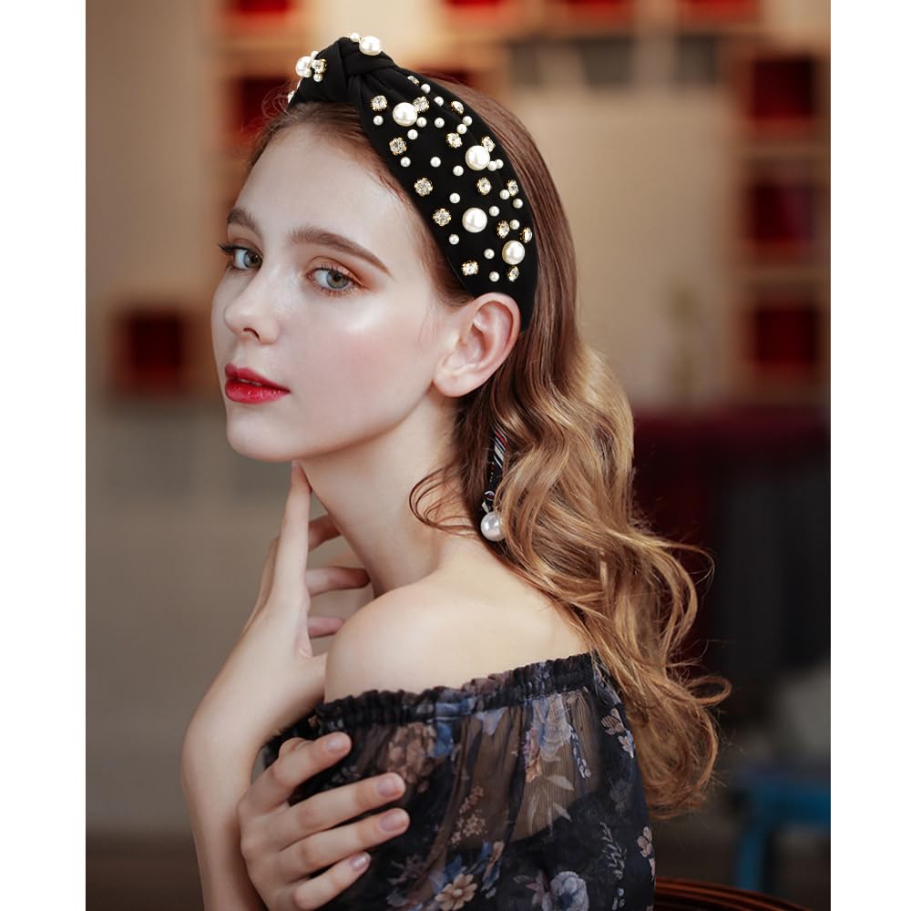 Atoden Black Wide Top Knot Headband With Pearl Rhinestone For Women'S Hair Embellished Headbands Non Slip Sparkly Hair Bands Fas