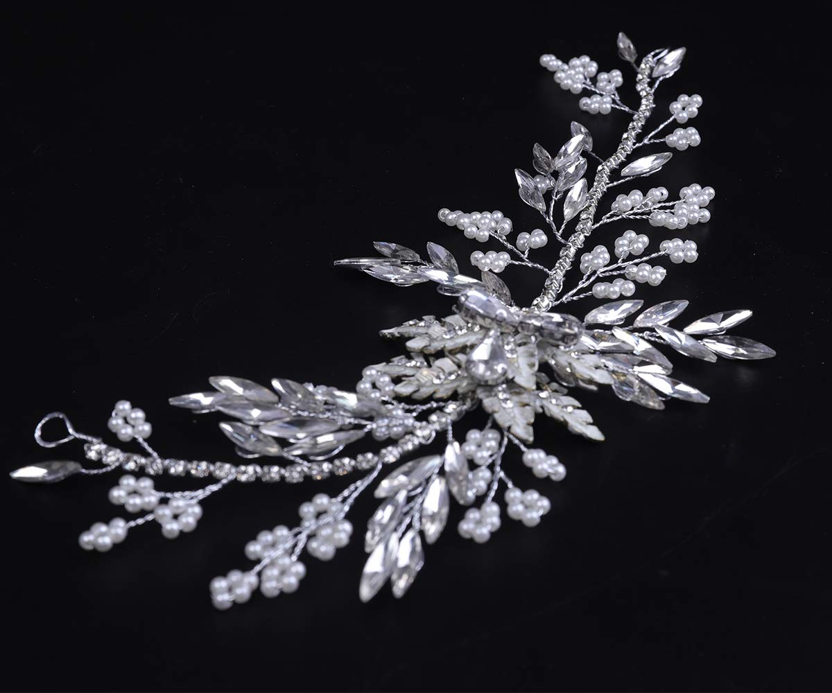 YERTTER Bride Handmade Hair Vine Silver Wedding Headband Leaf Crystal Rhinstone Hair Vines Bridal Headpieces Pearl Headband Hair