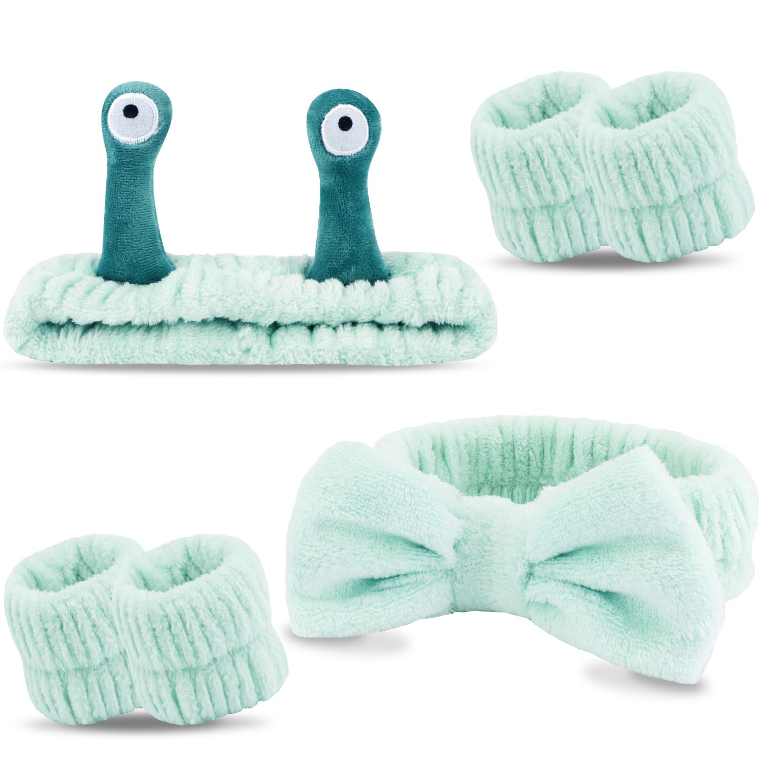 Atoden Spa Headband and Wristband Set Skincare Headband Makeup Headband Bowknot Snail Headbands Wrist Bands for Washing Face Cut