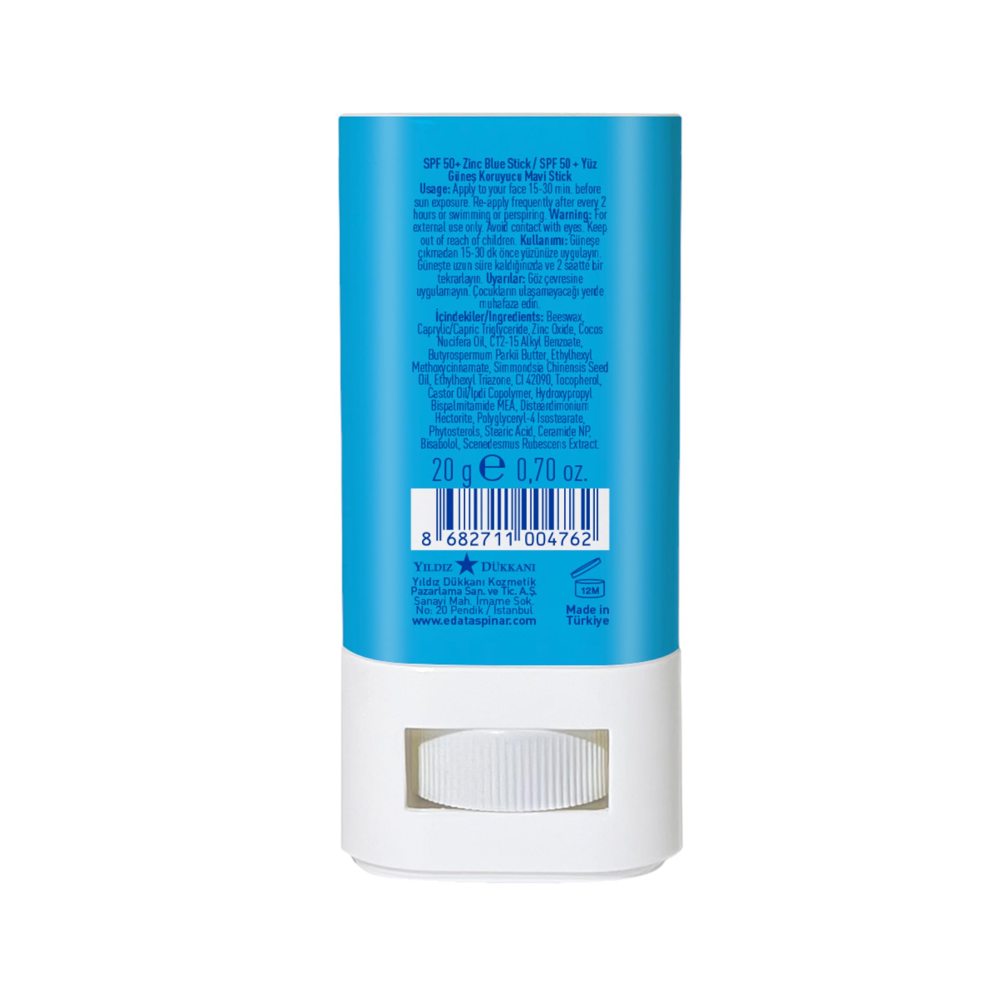 Eda Taspinar SPF 50+ Blue Zinc Oxide Stick, Nano Filter Technology, Broad-Spectrum Face Sunscreen, Pocket Size Easy to Carry (20