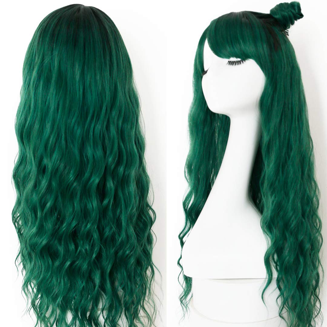 Evlynn Wigs With Bangs Ombre Dark Green Wig Long Loose Wavy Curly Hair Synthetic Fiber Glueless Dark Root No Lace Wig For Women