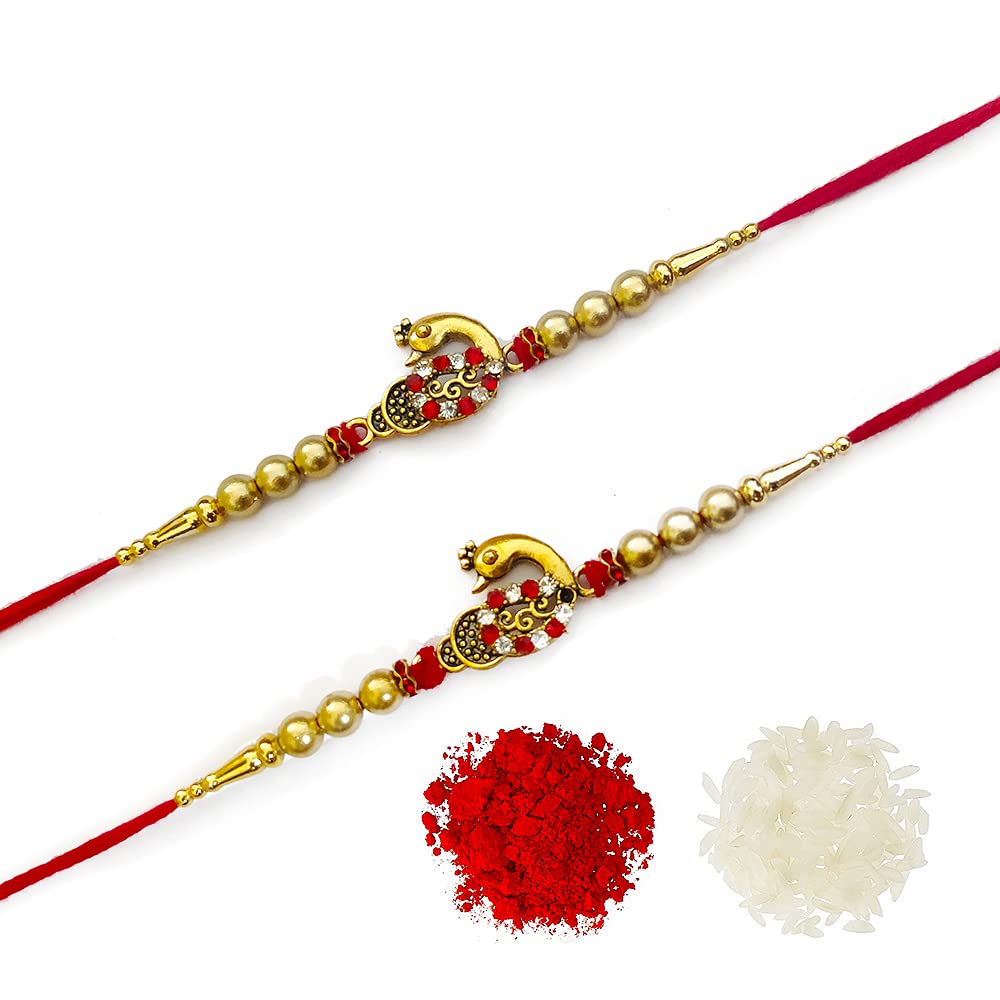 Avanti Creations Combo Of 2 Diamond Studded Peacock Rakhi For Brother With Roli Chawal