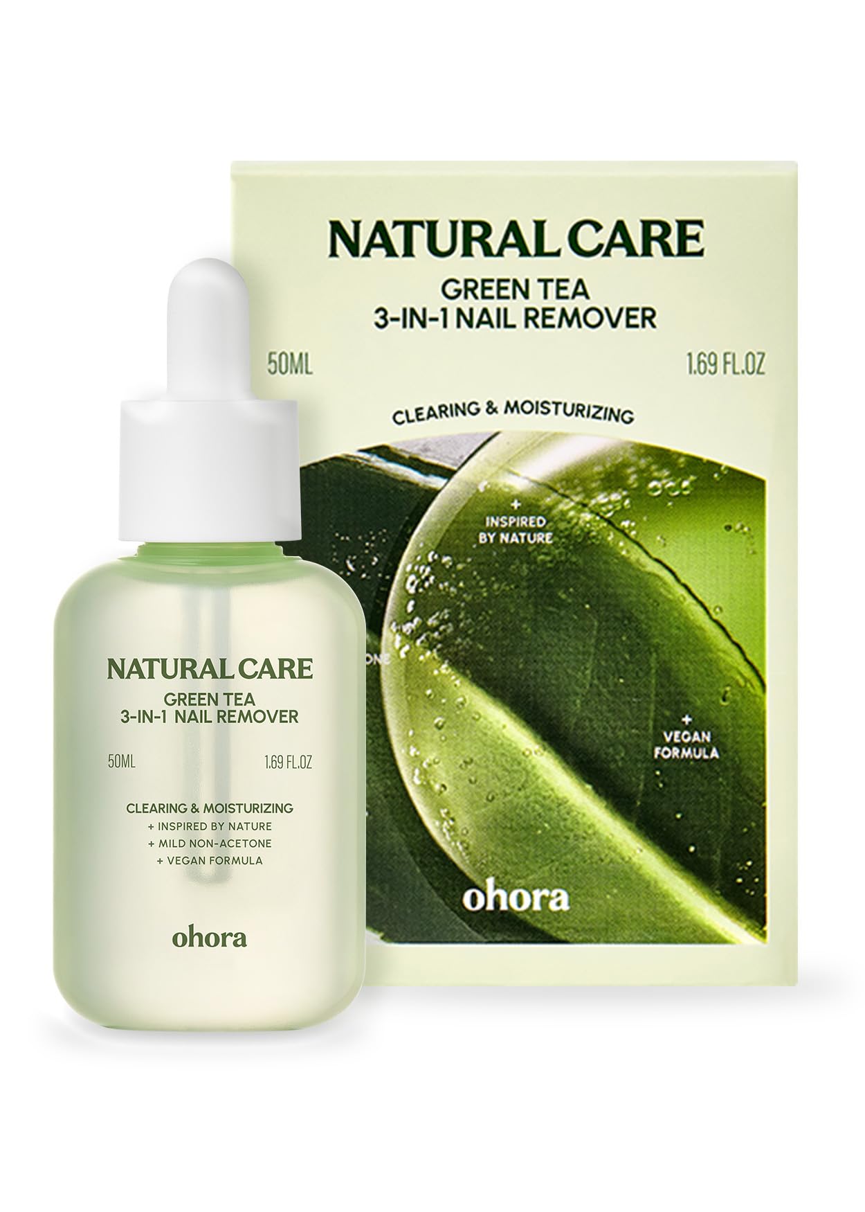 ohora Natural Care Green Tea 3-in-1 Nail Remover 50mL - Non-Acetone, Gentle Moisture-Retaining Formula with Green Tea Extract - 