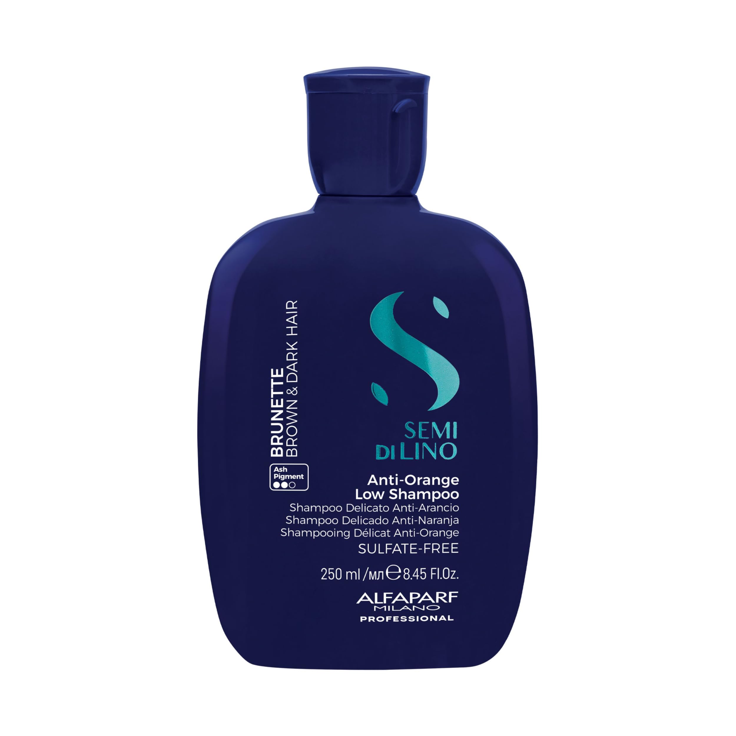 Alfaparf Milano Semi Di Lino Brunette Anti-Orange Low Shampoo For Brown, Chestnut And Dark Hair - Sulfate Free Blue Shampoo - Re