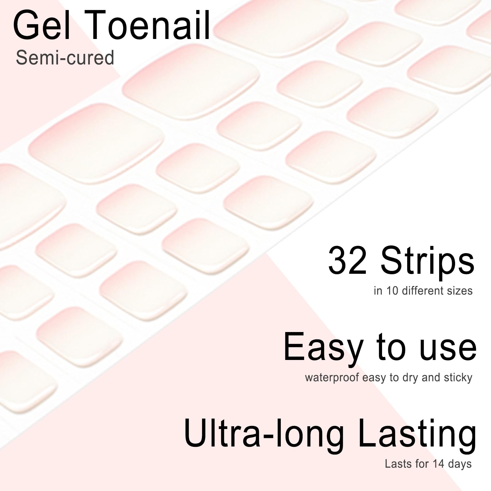 Wekcekcek Semi Cured Gel Toenail Strips, 32 Cream Pink Gel Toenail Stickers - Works With Any Nail Lamps Gel Pedicure Strips Full