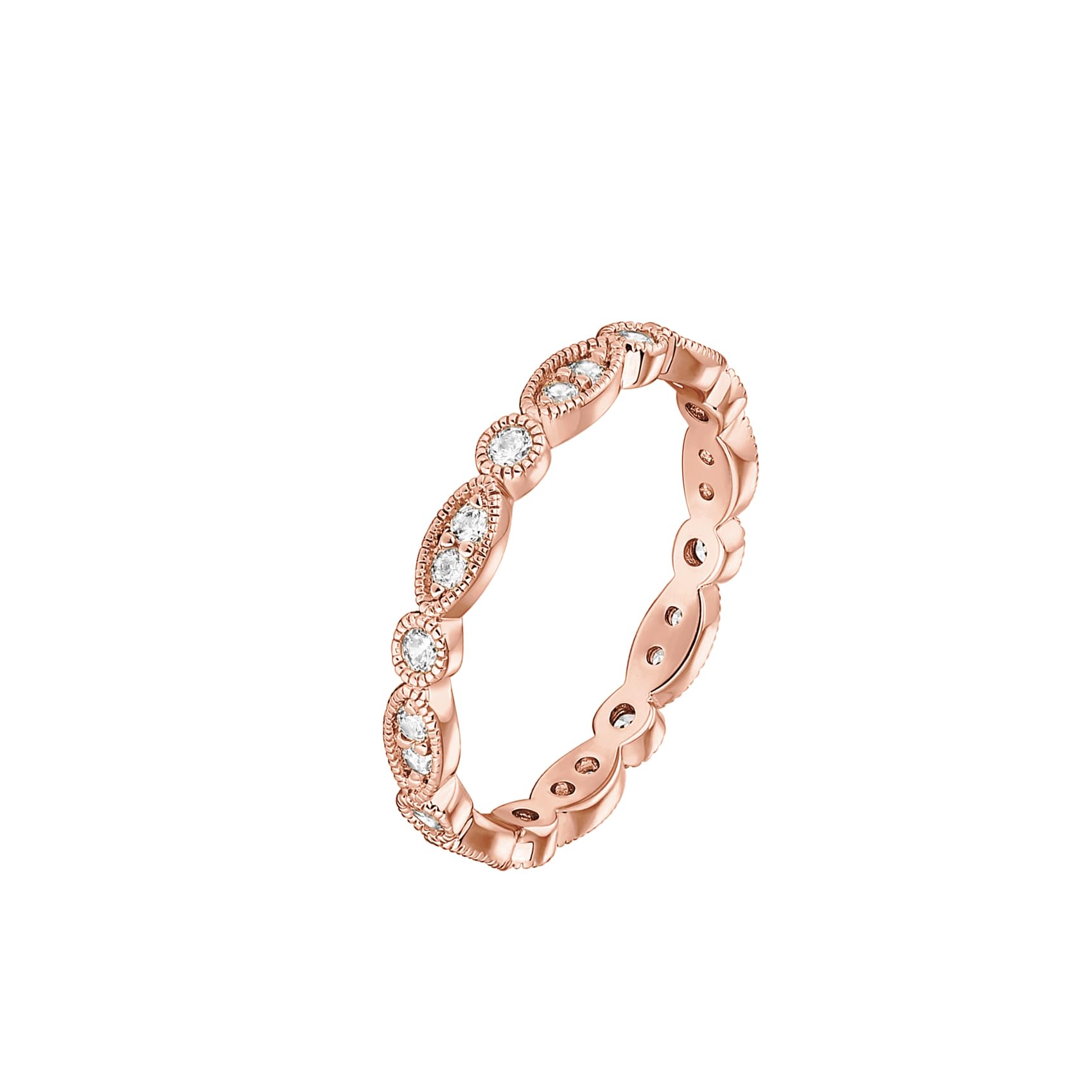 PAVOI 14K Rose Gold Plated Rings Cubic Zirconia Band | Round Milgrain Eternity Bands | Rose Gold Rings for Women Size 8