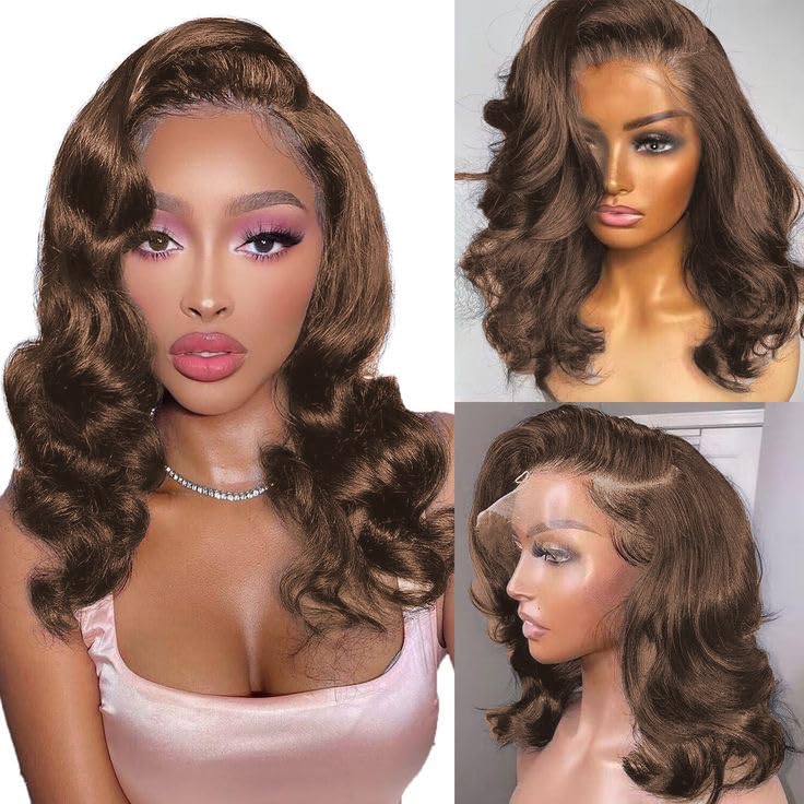 Chocolate Brown Bob Wig Human Hair 13X4 Frontal Lace Wig 16 Inch Body Wave Hd Lace Front Wigs Human Hair Pre Plucked Glueless Bo