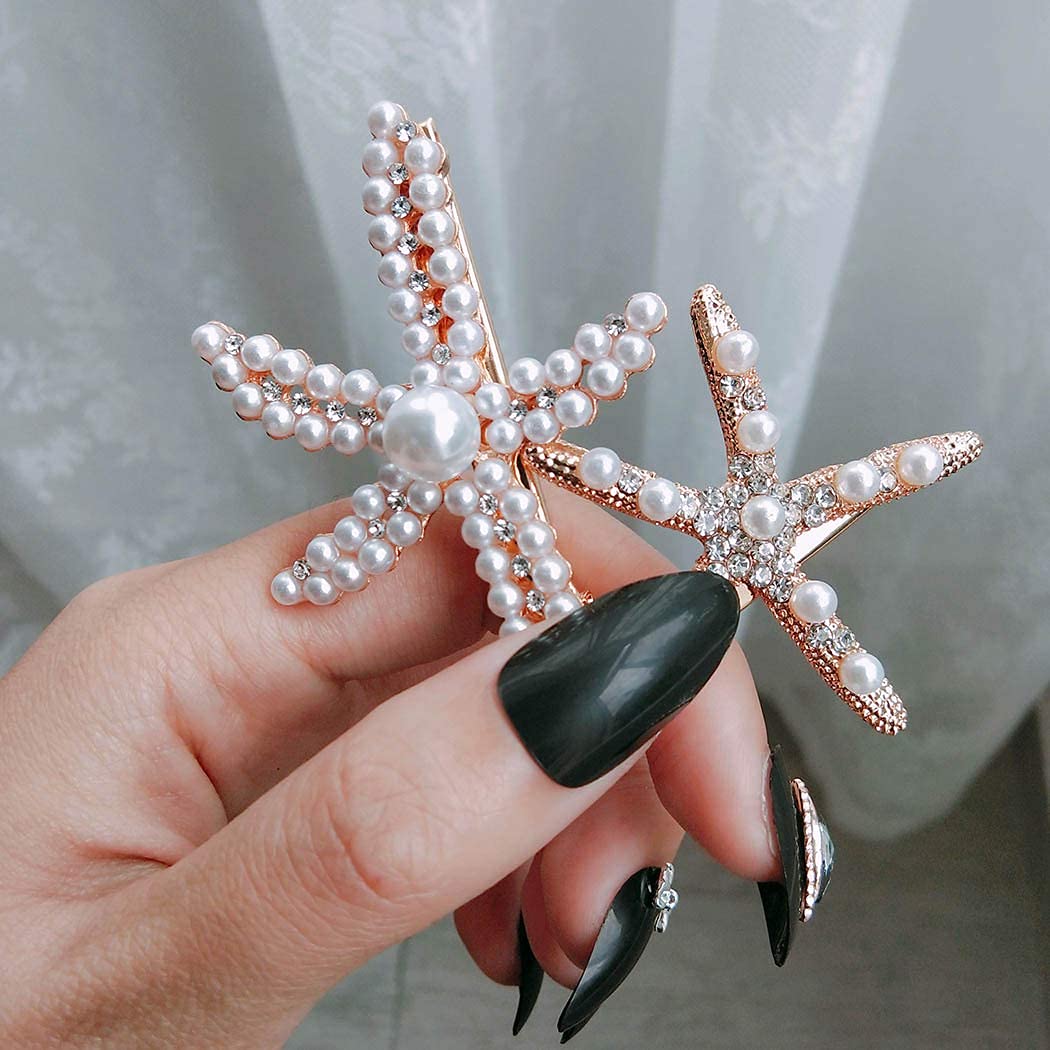 Bartosi Starfish Hair Clips Gold Pearl Hair Barrettes Crystal Hair Pin Bride Wedding Head Pieces Decorative Bobby Pins Hair Acce